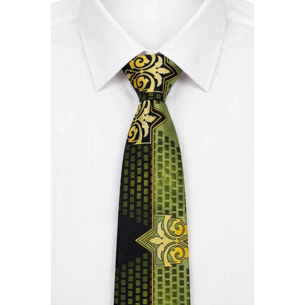 Fratello Art Nouveau Tie Black Bright Green Gold Geometric Scroll Mens Necktie
